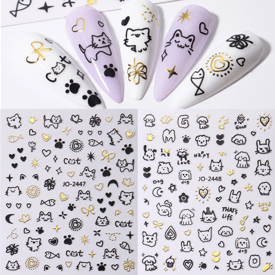Cartoon Kätzchen Nagelaufkleber – Holographische Herz- und Stern-Designs für eine bezaubernde Maniküre