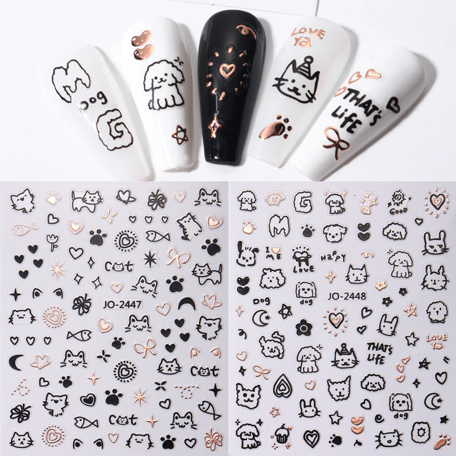 Cartoon Kätzchen Nagelaufkleber – Holographische Herz- und Stern-Designs für eine bezaubernde Maniküre