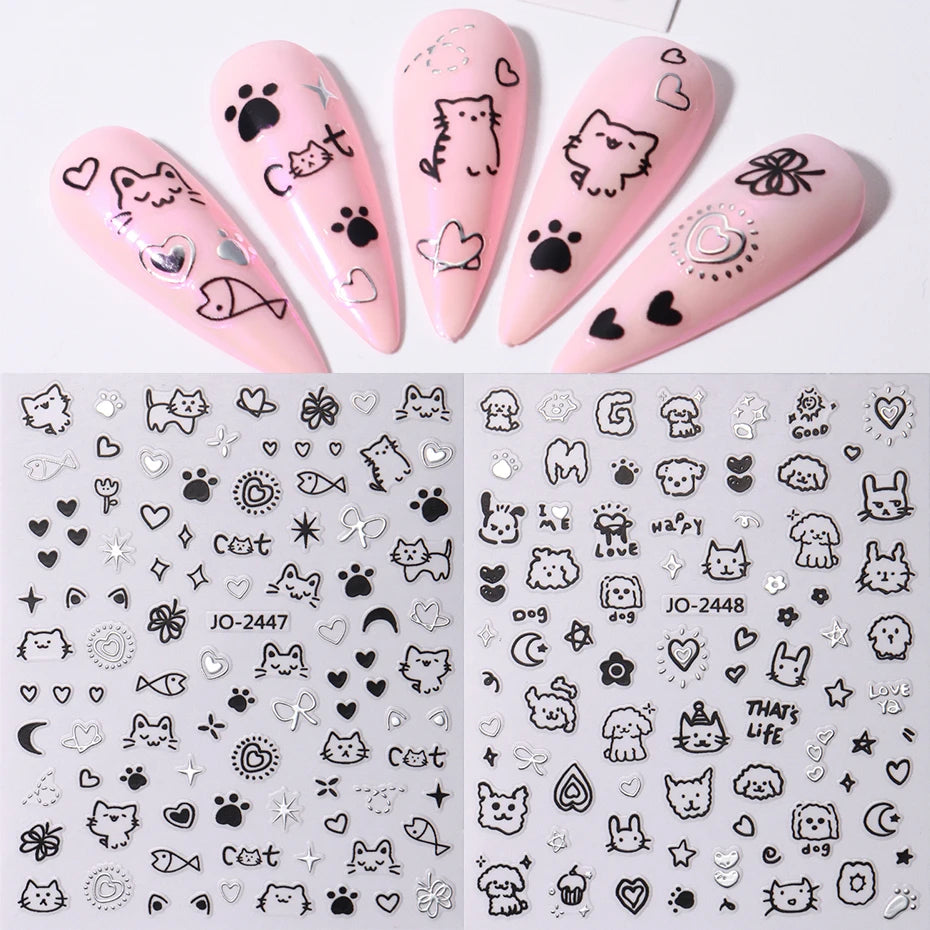 Cartoon Kätzchen Nagelaufkleber – Holographische Herz- und Stern-Designs für eine bezaubernde Maniküre