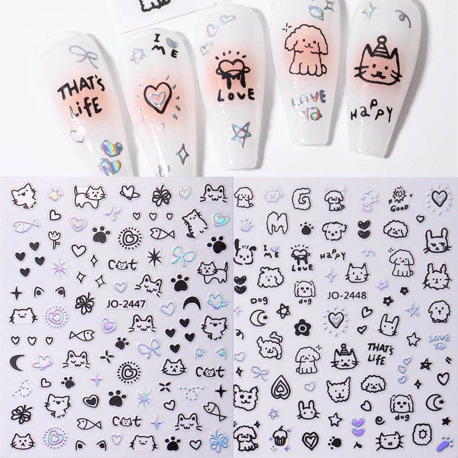 Cartoon Kätzchen Nagelaufkleber – Holographische Herz- und Stern-Designs für eine bezaubernde Maniküre